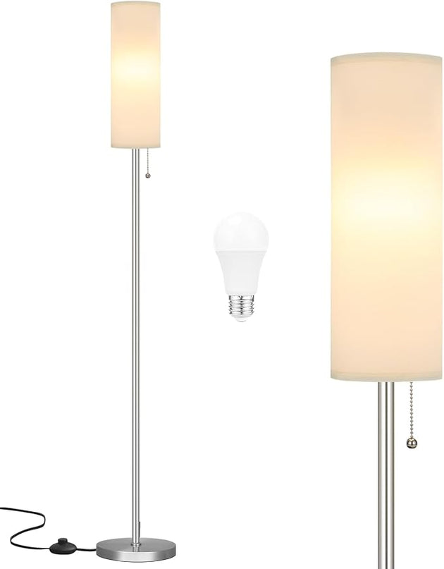 Ambimall Floor Lamp for Living Room with 3 Color Temperatures Bulb, 64" Standing lamp with Linen lampshade for Bedroom, Minimalist Pole Lamp, White Shade & Silver Pole - LeafyLoom