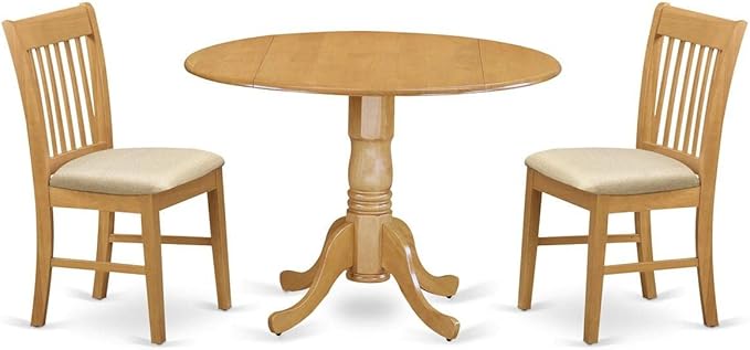 East West Furniture Dublin 3 Piece Room Furniture Set Contains a Round Kitchen Table with Dropleaf and 2 Linen Fabric Upholstered Dining Chairs, 42x42 Inch, DLNO3-OAK-C - LeafyLoom