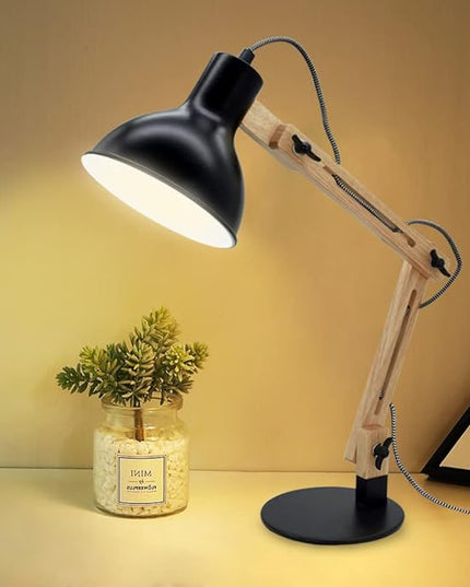 DLLT Swing Arm Desk Lamp, Wood Adjustable Gooseneck Table Lamp, Modern Architect Desk Light, Reading Light for Work, Study, Bedroom, Home Office, College Dorm, Black Metal Shade, E26 Bulb Included - LeafyLoom