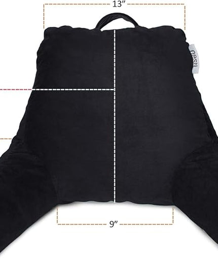 Nestl Reading Pillow with Portable Laptop Lap Desk, Velvet Feel Back Pillow for Sitting in Bed, Shredded Memory Foam Back Support Pillow for Bed, Bed Rest Pillow with Arms, Small - Black - LeafyLoom