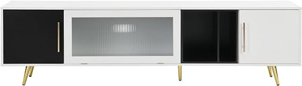 Merax Stylish TV Stand with Golden Metal Handles&Legs and Removable Compartment, Two-tone Media Console for Television Up to 80", Fluted Glass Door Storage Cabinet for Living Room, 78.7" Length, White - LeafyLoom