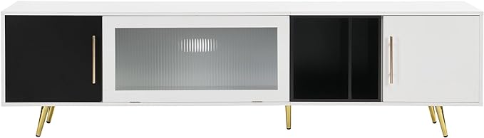 Merax Stylish TV Stand with Golden Metal Handles&Legs and Removable Compartment, Two-tone Media Console for Television Up to 80", Fluted Glass Door Storage Cabinet for Living Room, 78.7" Length, White - LeafyLoom