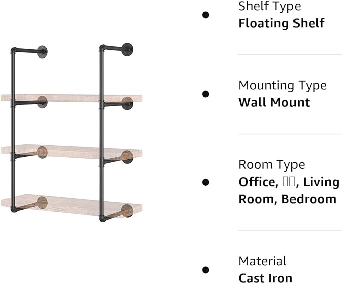 Yuanshikj 2Pc (42" Tall,12" deep) Industrial Wall Mount Iron Pipe Shelf Shelves Shelving Bracket Black Bookshelf DIY Storage offcie Room Kitchen (2 Pcs 4Tier Hardware Only) - LeafyLoom