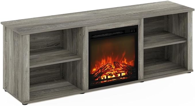 Furinno Classic 70 Inch TV Stand with Fireplace, French Oak Grey - LeafyLoom