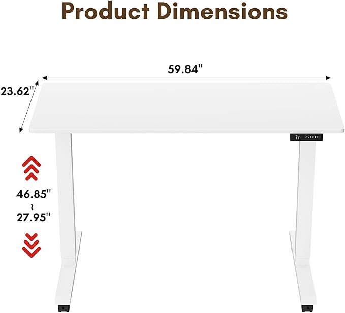 Electric Standing Desk 60 Inch, Ergonomic Height Adjustable Table with T-Shaped Metal Bracket Modern Computer Workstations for Home Office, White, 60 x 24 Inch - LeafyLoom