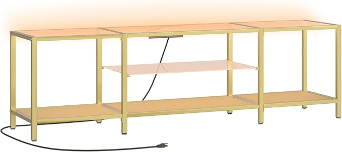 HOOBRO TV Stand with LED Lights and Power Outlets for TVs up to 75", Modern 70.9 Inch Tempered Glass TV Console Table with Open Shelves, Media Entertainment Center for Living Room, Gold GD185UDS01 - LeafyLoom