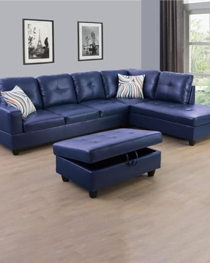 103'' L-Shape 4-Seater Faux Leather Modular Sectional Sofa, with Storage Ottoman, Upholstered Corner Couch for Home, Living Room, Apartment, Office, Blue-A - LeafyLoom