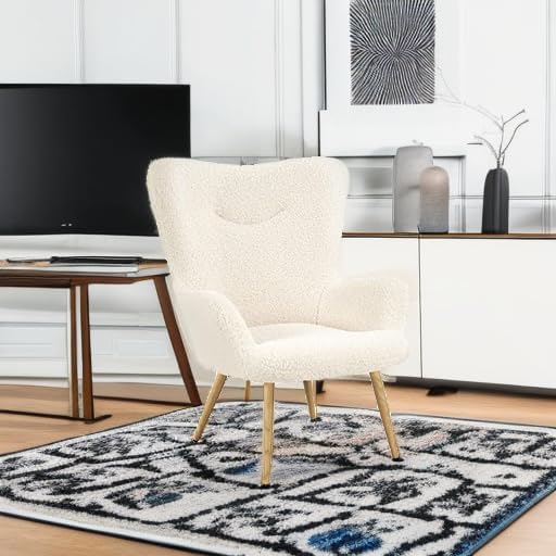 Yaheetech Boucle Vanity Chair, Modern Fluffy Accent Chair, Armchair with High Back and Wood-Tone Metal Legs, Downy Barrel Chair Soft Backrest for Living Room Bedroom Home Office, Ivory - LeafyLoom