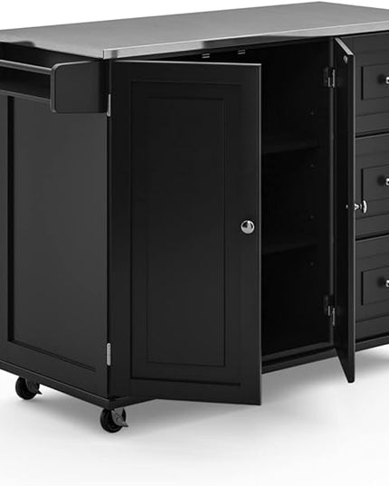 Homestyles Kitchen Cart with Stainless Steel Metal Top, Rolling Mobile Kitchen Island with Storage and Towel Rack, 54 Inch Width, Black - LeafyLoom
