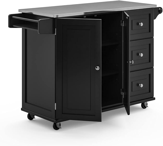 Homestyles Kitchen Cart with Stainless Steel Metal Top, Rolling Mobile Kitchen Island with Storage and Towel Rack, 54 Inch Width, Black - LeafyLoom