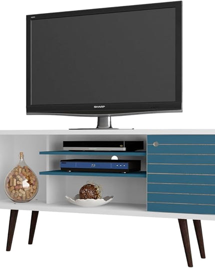 Manhattan Comfort Liberty Mid Century Modern TV Stand for Televisions up to 50 Inches, Bedroom and Living Room Entertainment Center with Storage, Shelves, and Cabinet, 53" Wide, White and Aqua Blue - LeafyLoom