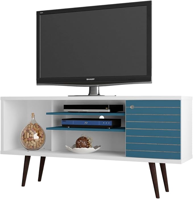 Manhattan Comfort Liberty Mid Century Modern TV Stand for Televisions up to 50 Inches, Bedroom and Living Room Entertainment Center with Storage, Shelves, and Cabinet, 53" Wide, White and Aqua Blue - LeafyLoom