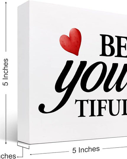 Be You Tiful Sign,Inspirational Quote Wood Box Sign,Motivational Wooden Block Signs,Positive Wood Signs,Decorations for Home Women Girl Room Office Shelf Table Decor - LeafyLoom