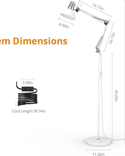 LEPOWER Floor Lamp, Swing Arm Floor Standing Lamp, Industrial Floor Lamp with Heavy Metal Base, E26 Lamp Base Floor Light, Modern Standing Reading Lamp for Living Room, Bedroom, Office White - LeafyLoom