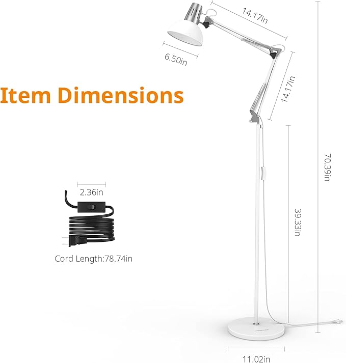 LEPOWER Floor Lamp, Swing Arm Floor Standing Lamp, Industrial Floor Lamp with Heavy Metal Base, E26 Lamp Base Floor Light, Modern Standing Reading Lamp for Living Room, Bedroom, Office White - LeafyLoom