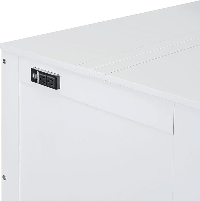 Murphy Bed Full Size with USB Port and Removable Shelves on Each Side, Wooden Platform Bedframe Foldable into Wall Cabinet, Space Saving, for Bedroom Guest Room Office, White - LeafyLoom