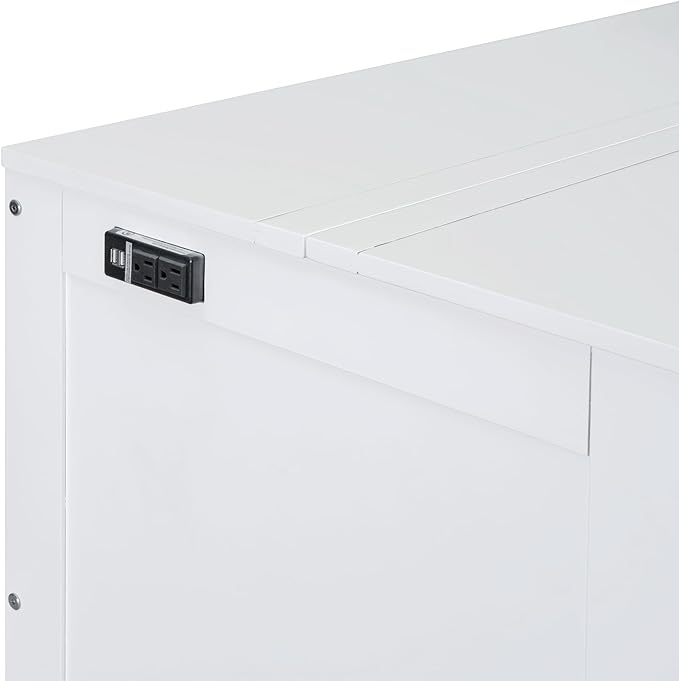 Murphy Bed Full Size with USB Port and Removable Shelves on Each Side, Wooden Platform Bedframe Foldable into Wall Cabinet, Space Saving, for Bedroom Guest Room Office, White - LeafyLoom