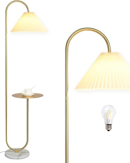 Modern Elegant with Tray Floor Lamp for Office Cafe Den Living Room Bedroom, Foot Switch and Brass/Gold Finish,Light Yellow Pleated Cloth Lampshade - LeafyLoom