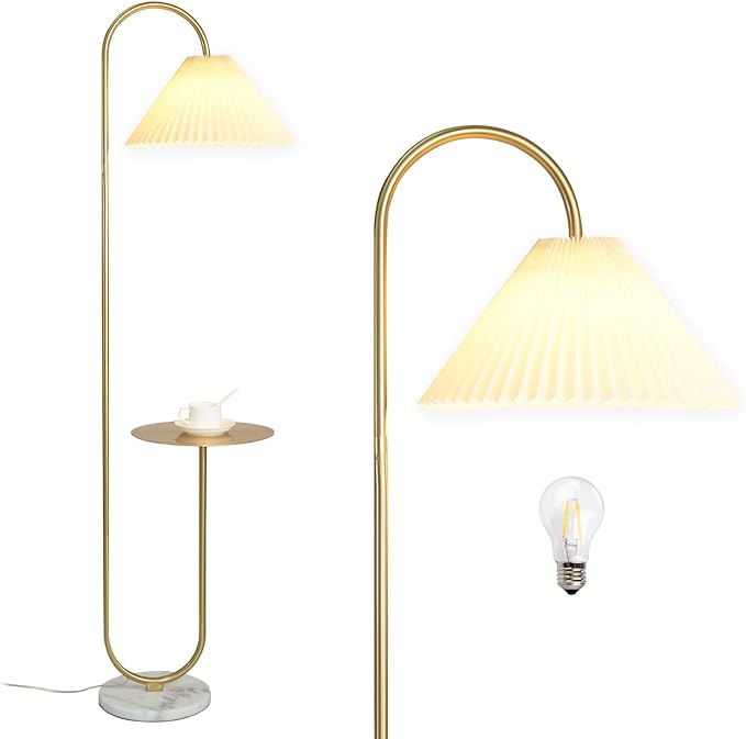 Modern Elegant with Tray Floor Lamp for Office Cafe Den Living Room Bedroom, Foot Switch and Brass/Gold Finish,Light Yellow Pleated Cloth Lampshade - LeafyLoom