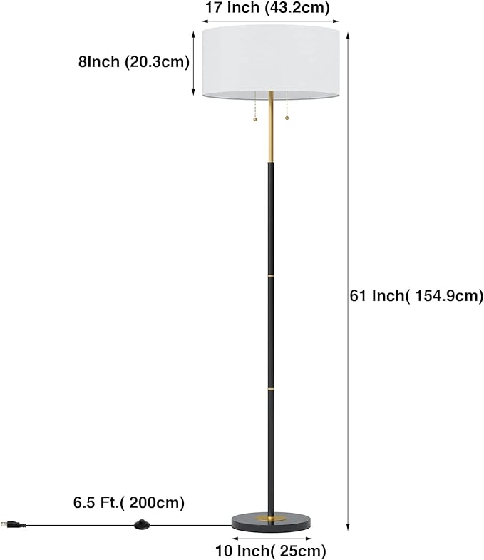2-Light Floor Lamp, Mid Century Floor Lamp with White Fabric Shade, Standing Lamp Tall Lamp for Living Room Bedroom, 3 Color Temperatures 9W Bulb Include - LeafyLoom