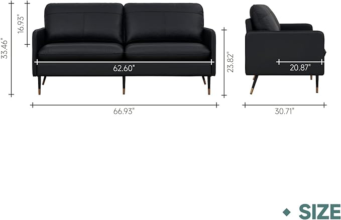 67" Genuine Leather Sofa, Top-Grain 2 Seater Loveseat Couch, Mid-Century Modern Upholstered Sofa for Living Room Bedroom Apartment Office, Black - LeafyLoom