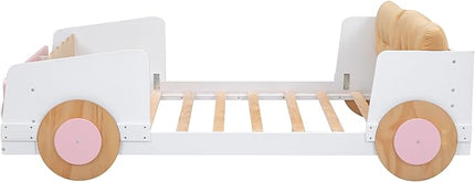 Full size Car-Shaped Platform Bed with Soft Cushion,Wooden Car Bedframe W/Footboard in-Build Shelves,Easy Assembly,Fun Play Design,Bedroom Furniture for Boys Girls Kids Toddlers Teens,White - LeafyLoom