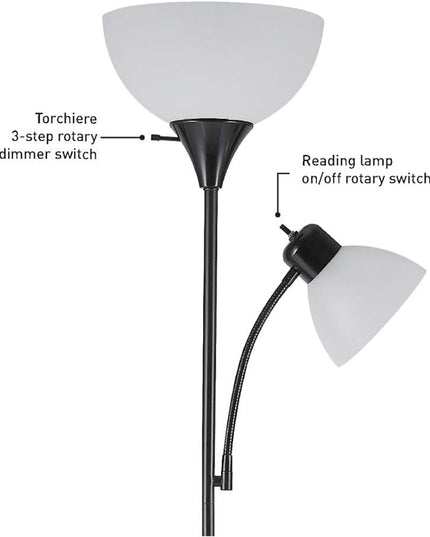 Globe Electric 67135 72" Torchiere Floor Lamp + Adjustable Reading Light, Matte Black, Frosted Plastic Shade, 3-Step Rotary Switch on Socket, Living Room Décor, Reading Light, Home Essentials - LeafyLoom