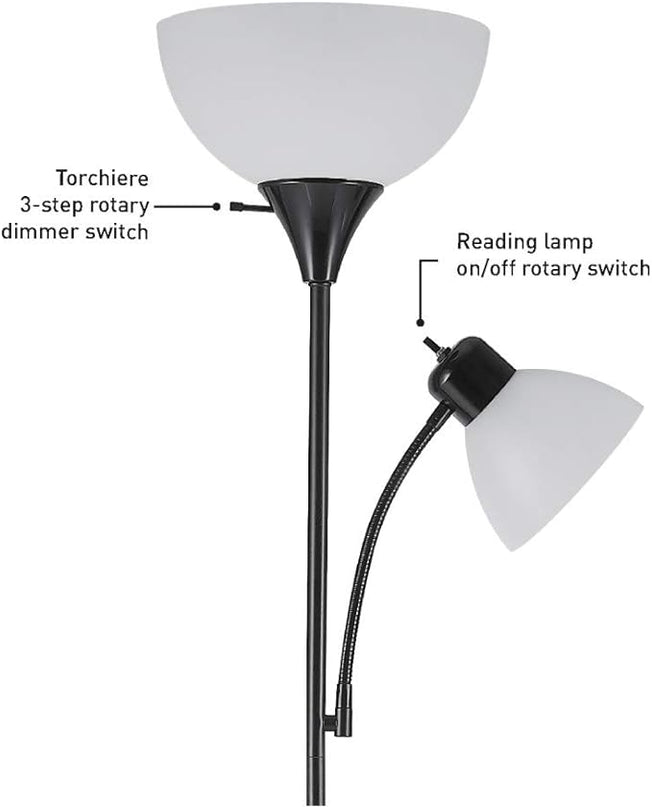 Globe Electric 67135 72" Torchiere Floor Lamp + Adjustable Reading Light, Matte Black, Frosted Plastic Shade, 3-Step Rotary Switch on Socket, Living Room Décor, Reading Light, Home Essentials - LeafyLoom