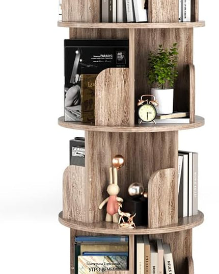 Nidouillet Rotating Bookshelf, 4 Tier Revolving Bookcase with Brake Wheels 360° Display Round Bookshelf Narrow Swivel Corner Book Shelf Standing Bookcase for Adult Bedroom, Living Room (Oak Grey) - LeafyLoom