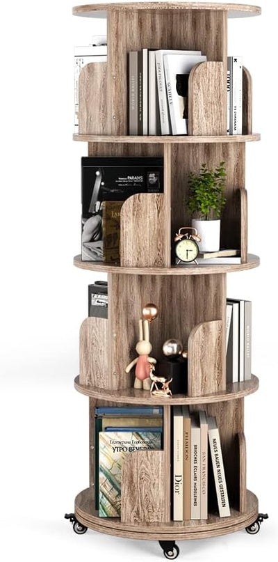 Nidouillet Rotating Bookshelf, 4 Tier Revolving Bookcase with Brake Wheels 360° Display Round Bookshelf Narrow Swivel Corner Book Shelf Standing Bookcase for Adult Bedroom, Living Room (Oak Grey) - LeafyLoom