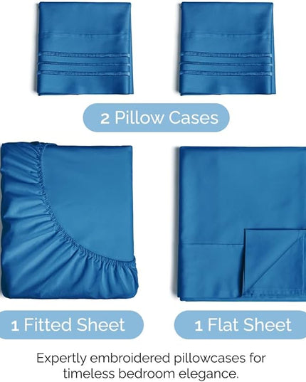 Queen Size 4 Piece Sheet Set - Comfy Breathable & Cooling Sheets - Hotel Luxury Bed Sheets for Women & Men - Deep Pockets, Easy-Fit, Soft & Wrinkle Free Sheets - Royal Blue Oeko-Tex Bed Sheet Set - LeafyLoom