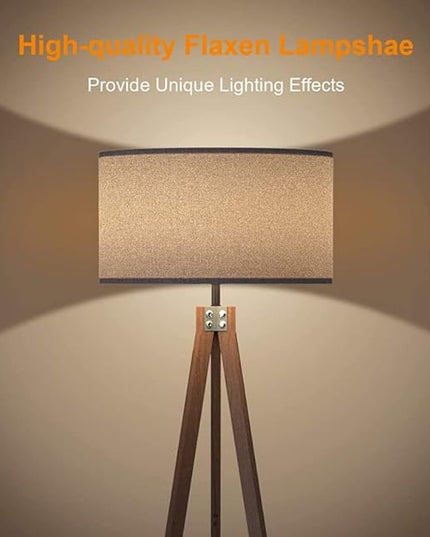 LEPOWER Wood Tripod Floor Lamp, Mid Century Standing Lamp, Modern Design Reading Floor Lamp for Living Room, Bedroom and Office, Flaxen Lamp Shade with E26 Lamp Base（Dark Brown） - LeafyLoom