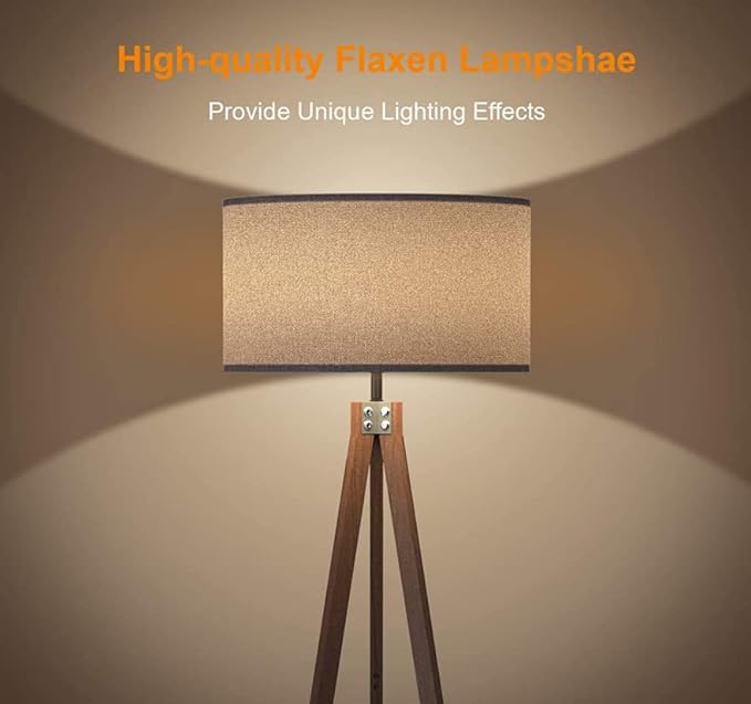 LEPOWER Wood Tripod Floor Lamp, Mid Century Standing Lamp, Modern Design Reading Floor Lamp for Living Room, Bedroom and Office, Flaxen Lamp Shade with E26 Lamp Base（Dark Brown） - LeafyLoom