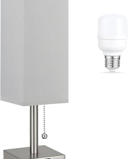 Grey Small Table Lamp for Bedroom - 3 Color Temperature 3000K 5000K 4000K Bedside Lamp, Pull Chain Control, USB A and C Charging Ports, Silver Base, for Kids Office Dorm nightstand, Bulb Included - LeafyLoom