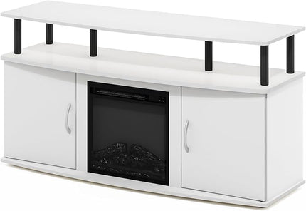 Furinno Jensen Living Room Fireplace TV Entertainment Center with Doors Storage Cabinet for TV up to 55 Inch, Solid White/Black - LeafyLoom