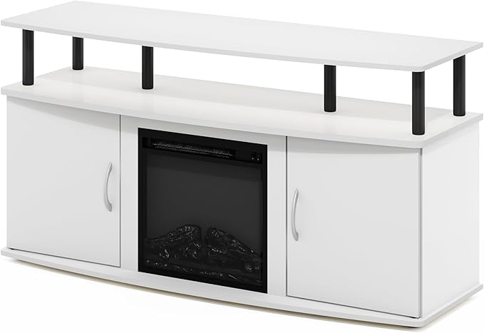 Furinno Jensen Living Room Fireplace TV Entertainment Center with Doors Storage Cabinet for TV up to 55 Inch, Solid White/Black - LeafyLoom