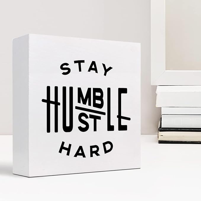 Stay Humble Hustle Hard Sign,Inspirational Quote Wood Box Sign,Motivational Wooden Block Signs,Positive Wood Signs,Entrepreneur Decorations for Home Office Shelf Table Decor - LeafyLoom