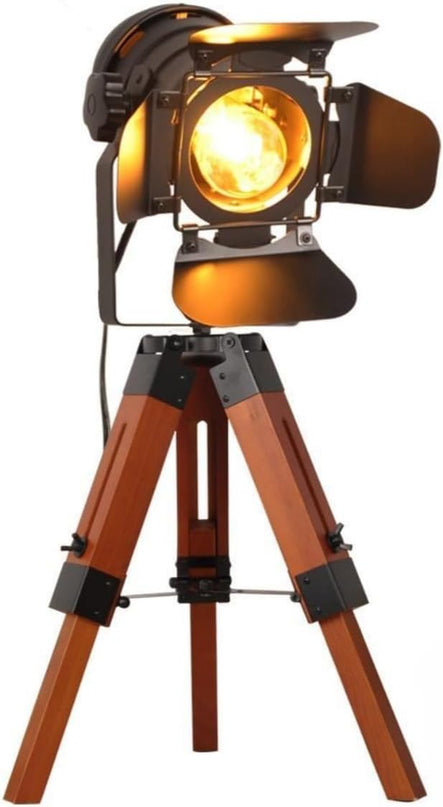 Decoluce Industrial Tripod Floor Table Lamp Vintage Wood Cinema Searchlight Standing Lighting Fixtures Nautical Spotlight Decorations-Not Include E26 Bulbs (Cinema) - LeafyLoom