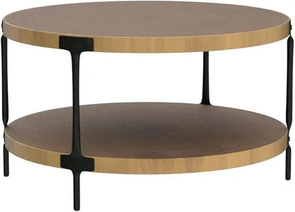 Round Boho Wood Coffee Table - 29.1" Farmhouse Natural Circle Wooden 2-Tier Coffee Tables Living Room Furniture, Natural Wood Color, 29.1" D x 18.3" H - LeafyLoom
