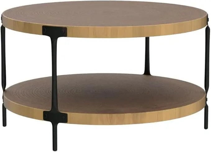 Round Boho Wood Coffee Table - 29.1" Farmhouse Natural Circle Wooden 2-Tier Coffee Tables Living Room Furniture, Natural Wood Color, 29.1" D x 18.3" H - LeafyLoom