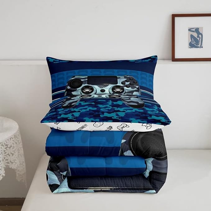 Gamer Comforter Set Camouflage Gaming Video Game Bedding Set for Kids Boys Children Blue Camo Gamer Console Comforter Soft Gamepad Decor Quilt Set Full Size - LeafyLoom