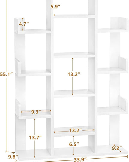 Aheaplus Bookshelf, Tree-Shaped Bookcase Storage Shelf with 13 compartments, Books Organizer Display Cube Shelves, Industrial Free Floor Standing Wood Open Bookshelves for Home, White - LeafyLoom