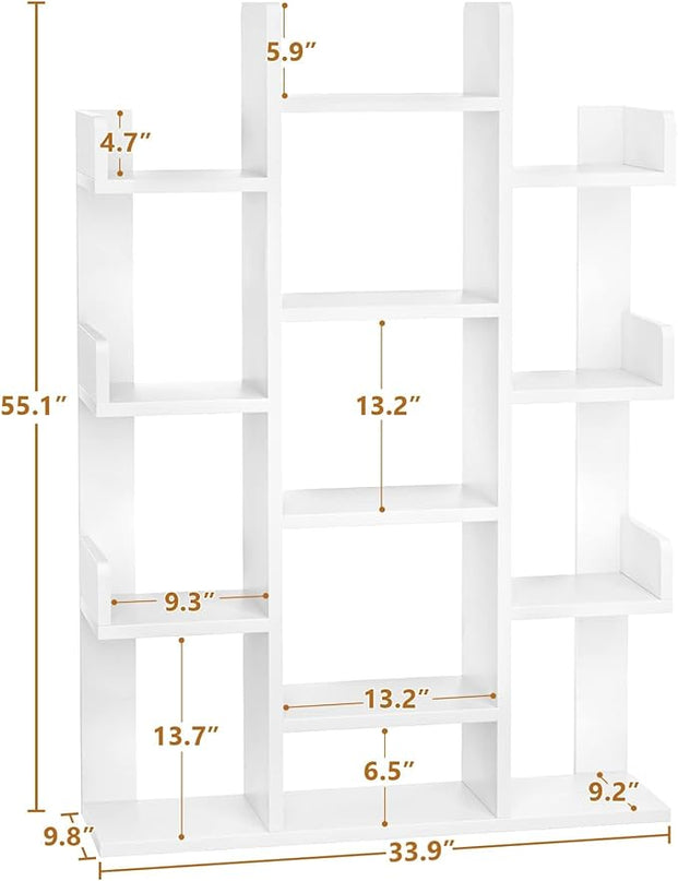 Aheaplus Bookshelf, Tree-Shaped Bookcase Storage Shelf with 13 compartments, Books Organizer Display Cube Shelves, Industrial Free Floor Standing Wood Open Bookshelves for Home, White - LeafyLoom