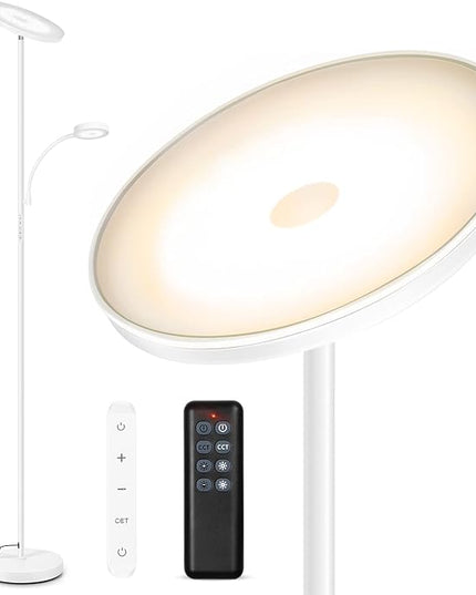 OUTON LED Floor Lamp, 27W/2400LM Modern Torchiere Lamp & 7W/ 400LM Reading Lamp, Bright Dimmable Standing Tall Lamp with 4 Color Temperature, Remote Touch Control for Living Room Bedroom Office, White - LeafyLoom