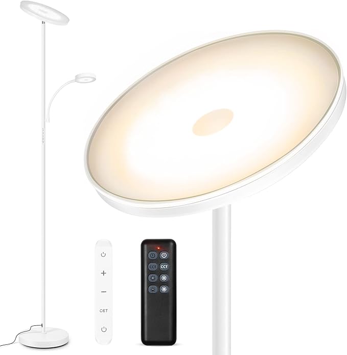 OUTON LED Floor Lamp, 27W/2400LM Modern Torchiere Lamp & 7W/ 400LM Reading Lamp, Bright Dimmable Standing Tall Lamp with 4 Color Temperature, Remote Touch Control for Living Room Bedroom Office, White - LeafyLoom