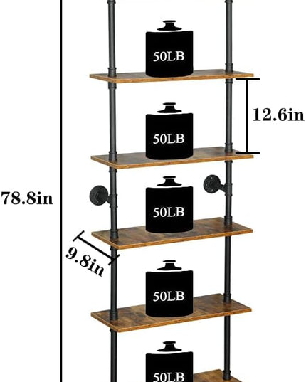 6-Tier Industrial Pipe Shelves Shelf Shelving Rustic Wood Metal Wrought Iron Ladder Bookcase Bookshelf Wall Mounted Mount DIY Loft Vintage Floating Hanging Storage Display (23.6x9.8x78.7”) - LeafyLoom