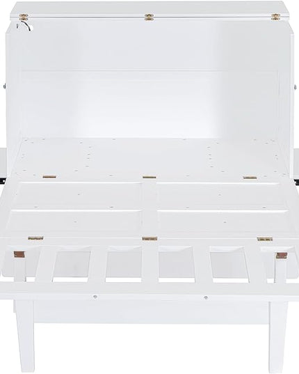 Murphy Bed Full Size with USB Port and Removable Shelves on Each Side, Wooden Platform Bedframe Foldable into Wall Cabinet, Space Saving, for Bedroom Guest Room Office, White - LeafyLoom