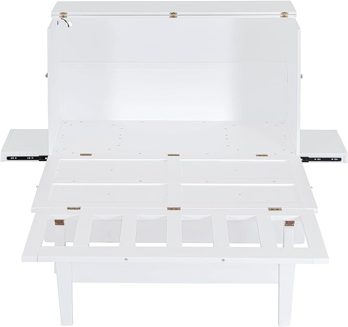 Murphy Bed Full Size with USB Port and Removable Shelves on Each Side, Wooden Platform Bedframe Foldable into Wall Cabinet, Space Saving, for Bedroom Guest Room Office, White - LeafyLoom