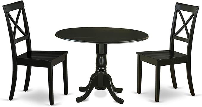 East West Furniture DLBO3-BLK-W 3 Piece Dining Table Set for Small Spaces Contains a Round Dining Room Table with Dropleaf and 2 Wood Seat Chairs, 42x42 Inch, Black - LeafyLoom