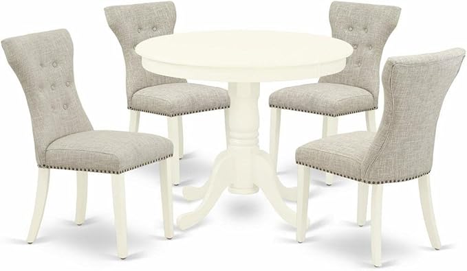 East West Furniture ANGA5-LWH-35 5 Piece Dining Set for 4 Includes a Round Kitchen Table with Pedestal and 4 Doeskin Linen Fabric Upholstered Parson Chairs - LeafyLoom